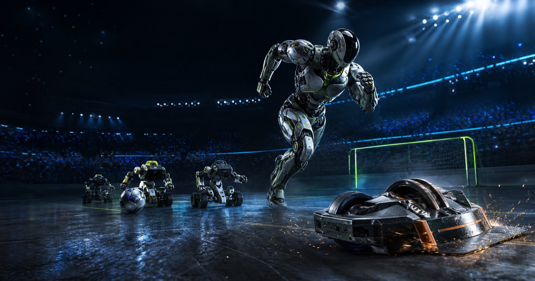 A humanoid runner, football robots and a combat robot competing in a futuristic arena